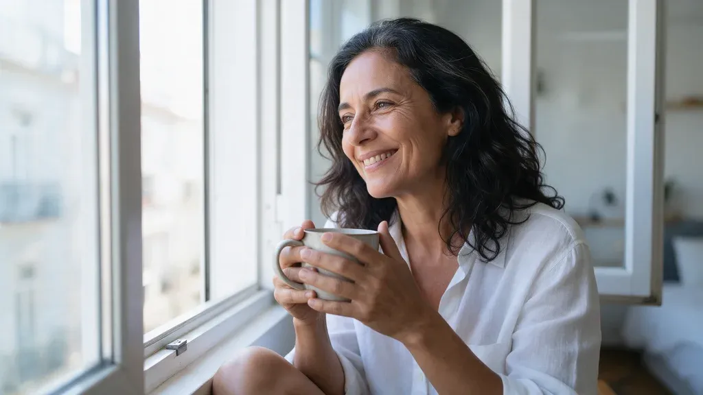 Mujer de unos 50 años sonriendo junto a una ventana con una taza en las manos