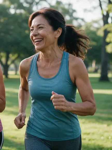 Mujer de unos 50 años sonriendo mientras sale a correr en un parque